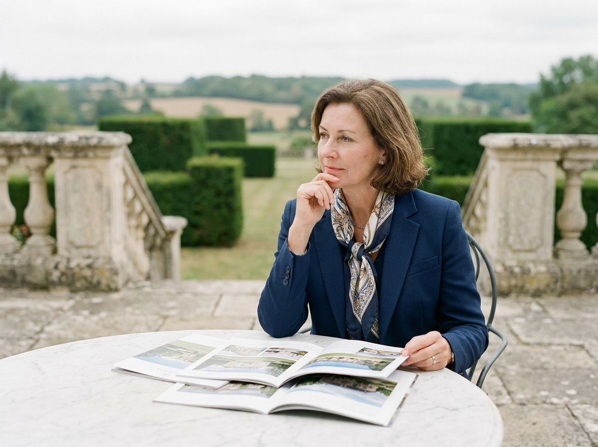 Femme élégante en blazer bleu et foulard regardant des brochures immobilières