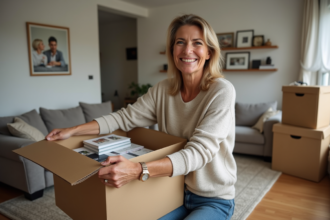 Femme française emballant des livres dans un salon chaleureux