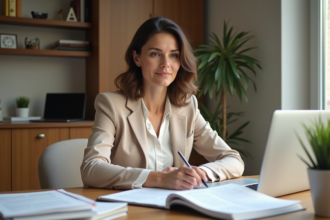 Femme française d'affaires examinant des documents financiers