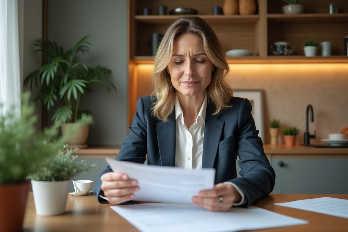 Femme d'âge moyen en tenue professionnelle examine un contrat immobilier