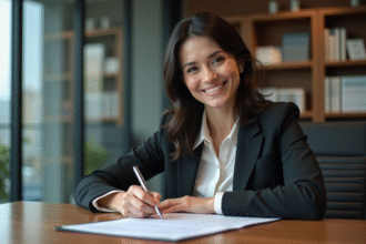 Femme d'affaires signant un contrat immobilier dans un bureau moderne