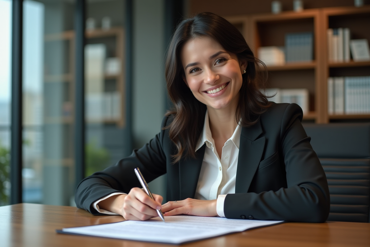 Femme d'affaires signant un contrat immobilier dans un bureau moderne