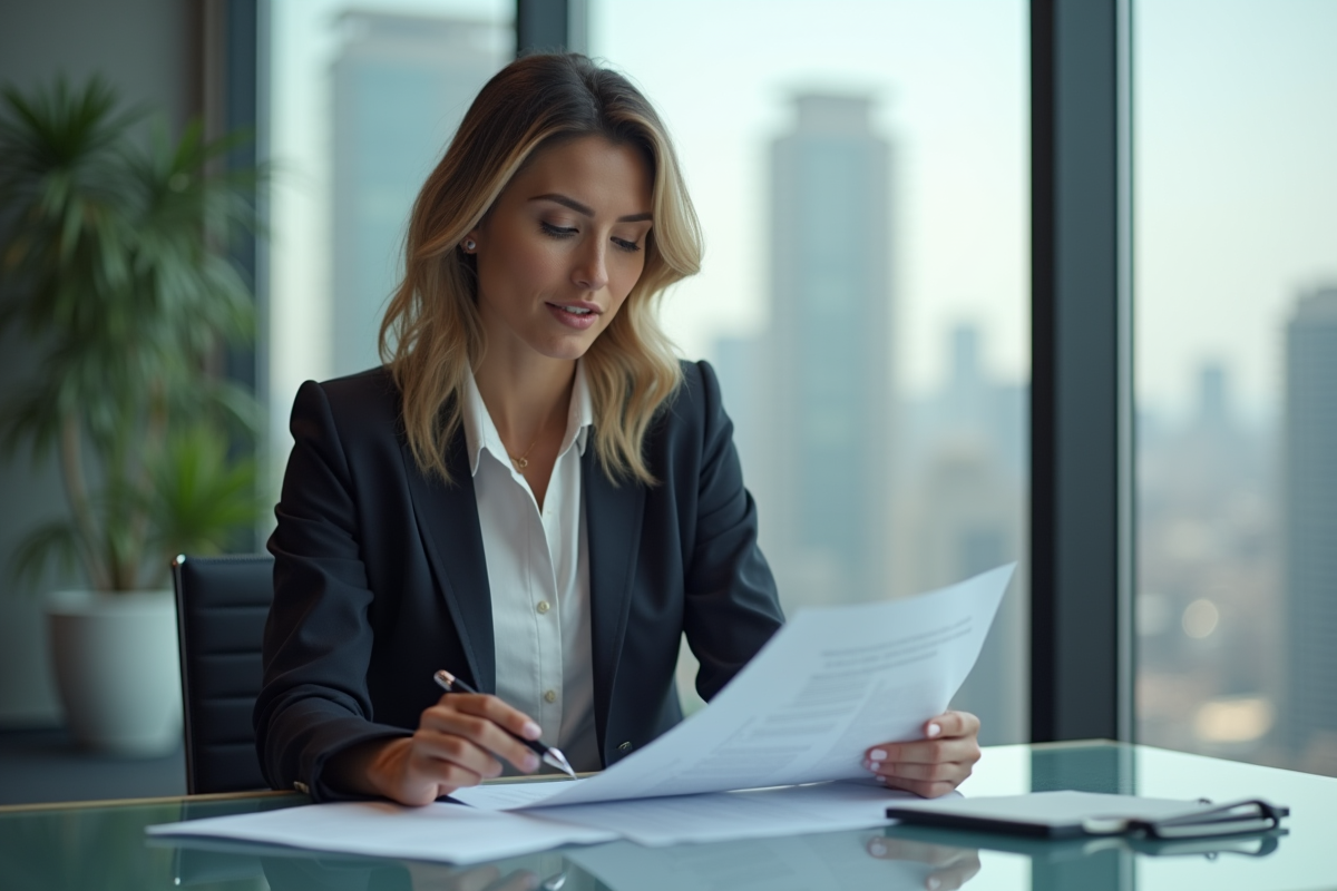 Femme d affaires examine documents immobiliers en ville