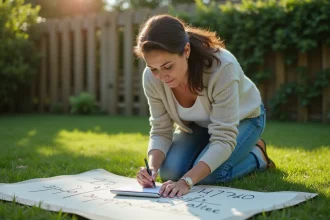Femme française en extérieur qui esquisse des chiffres