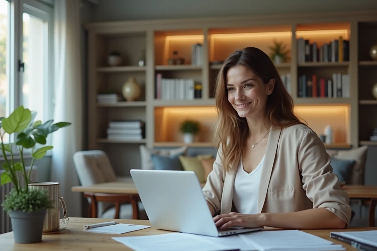 Femme assise à un bureau moderne avec un ordinateur portable