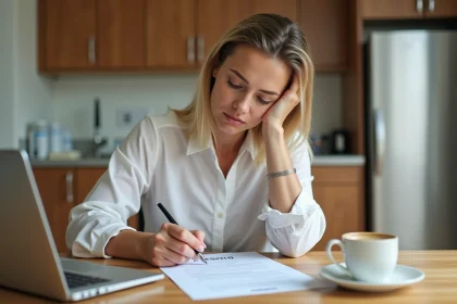 Femme d'âge moyen examinant des documents de location à la maison