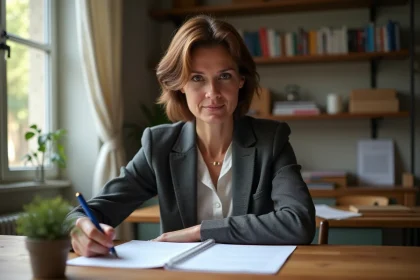 Femme d'âge moyen examinant un contrat de location dans un appartement parisien