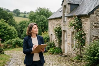 Femme française examine une maison en pierre à Quimper