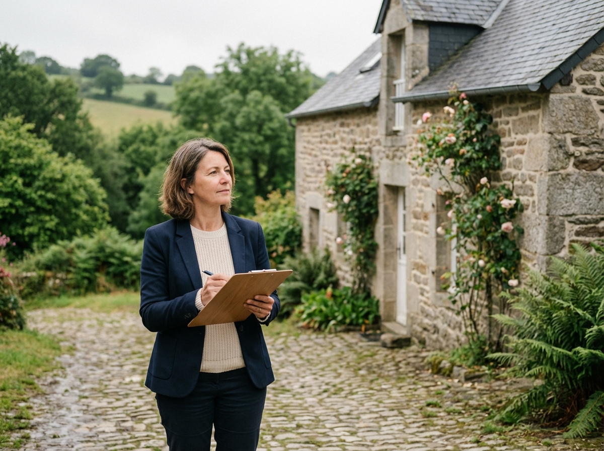 Femme française examine une maison en pierre à Quimper