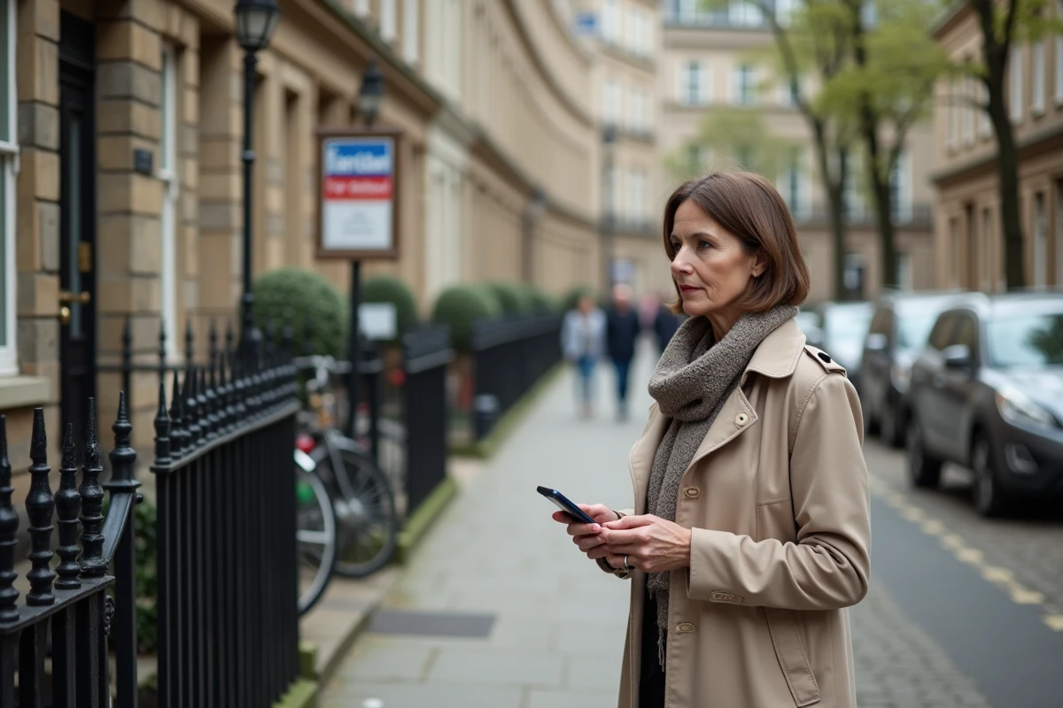 Femme devant une maison en pierre avec un panneau a vendre