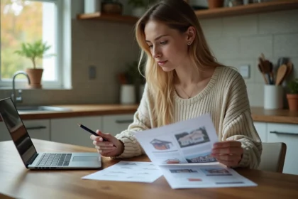 Femme assise comparant prix immobiliers sur son ordinateur