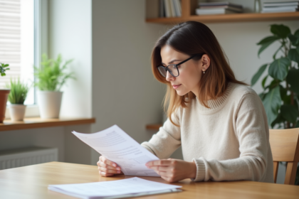 Femme organisée examinant ses papiers de dépenses immobilières