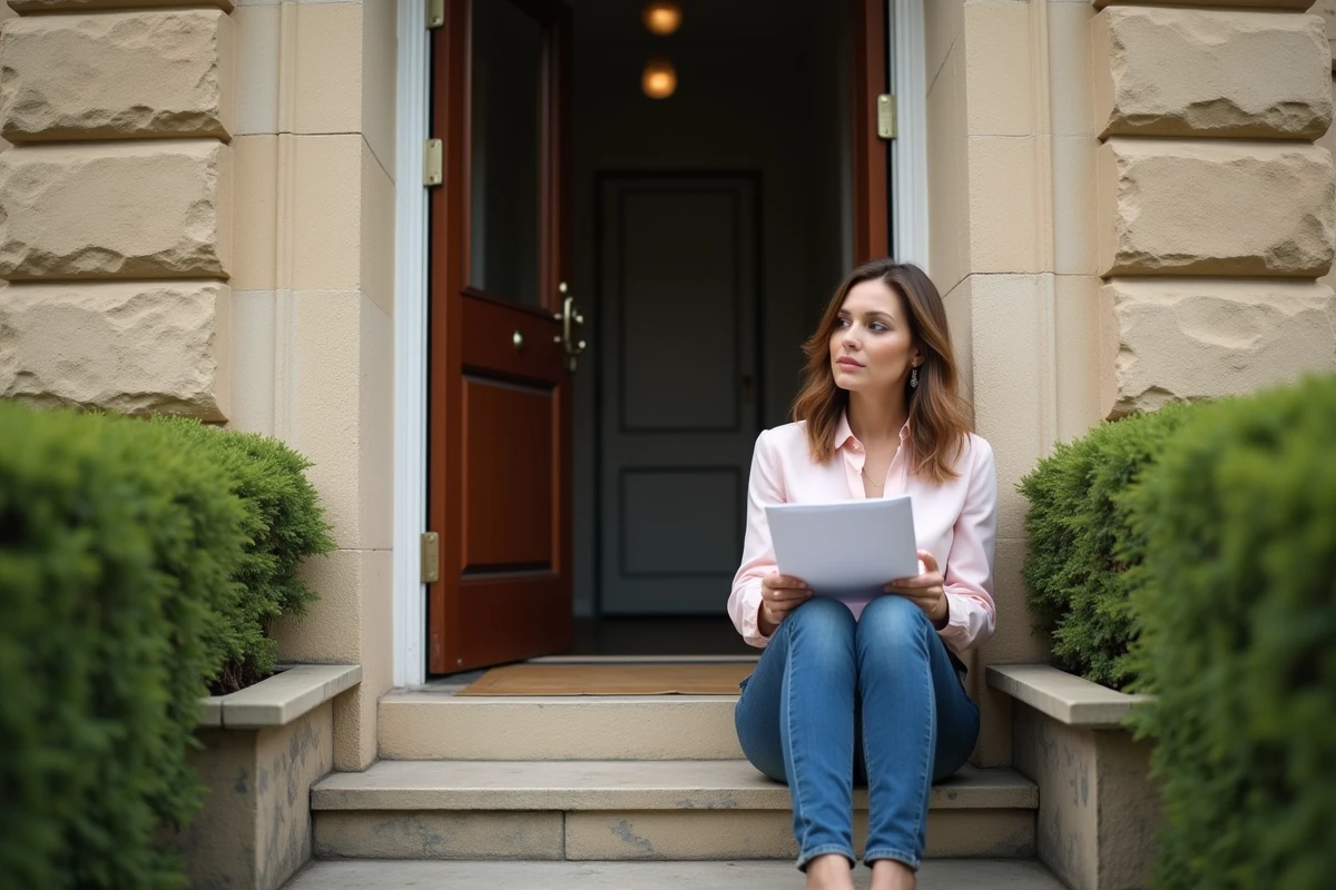 Femme assise devant une maison vide en lisant des papiers