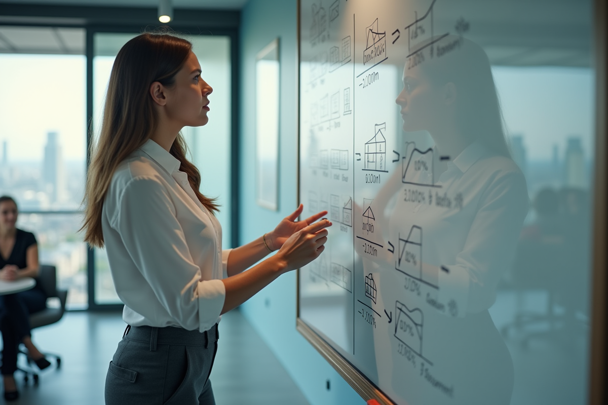 Jeune femme en réunion expliquant des diagrammes immobiliers