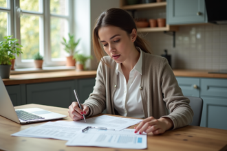 Jeune femme en cuisine examine des documents de pret immobilier
