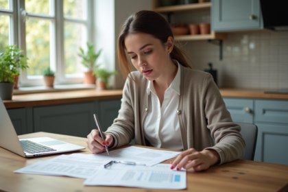 Jeune femme en cuisine examine des documents de pret immobilier