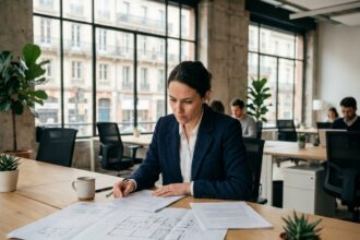 Femme professionnelle consultant des plans de bureaux à louer dans un espace de coworking moderne à Toulouse