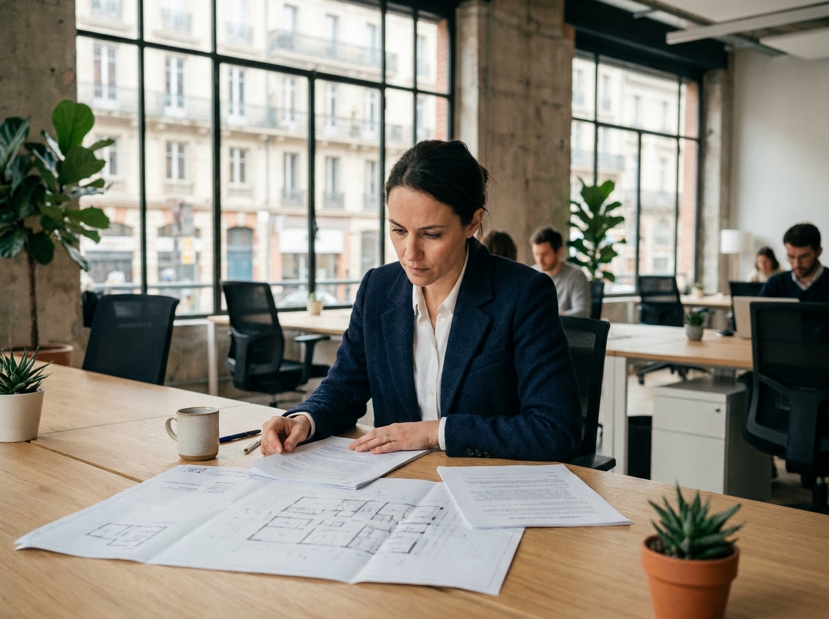 Femme professionnelle consultant des plans de bureaux à louer dans un espace de coworking moderne à Toulouse