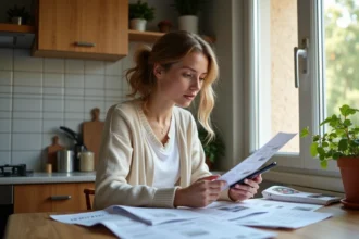 Femme en cuisine consulte des annonces de location à Béziers