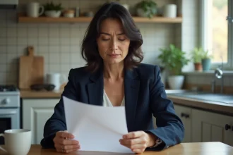 Femme d'âge moyen tenant une lettre de rejet dans une cuisine lumineuse