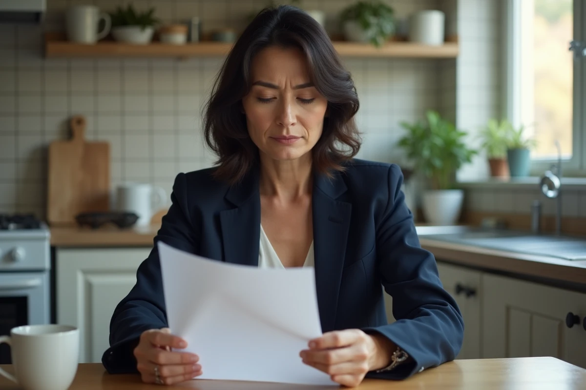 Femme d'âge moyen tenant une lettre de rejet dans une cuisine lumineuse