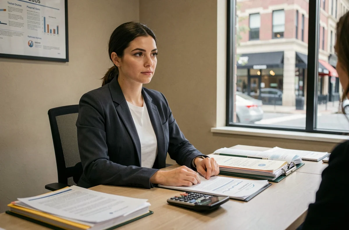 Femme en rendez-vous avec un conseiller bancaire pour négocier un prêt immobilier sans apport personnel