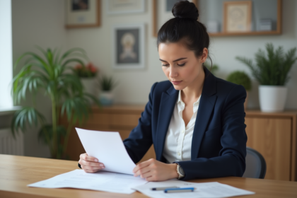 Femme en blazer navy examine documents à la maison