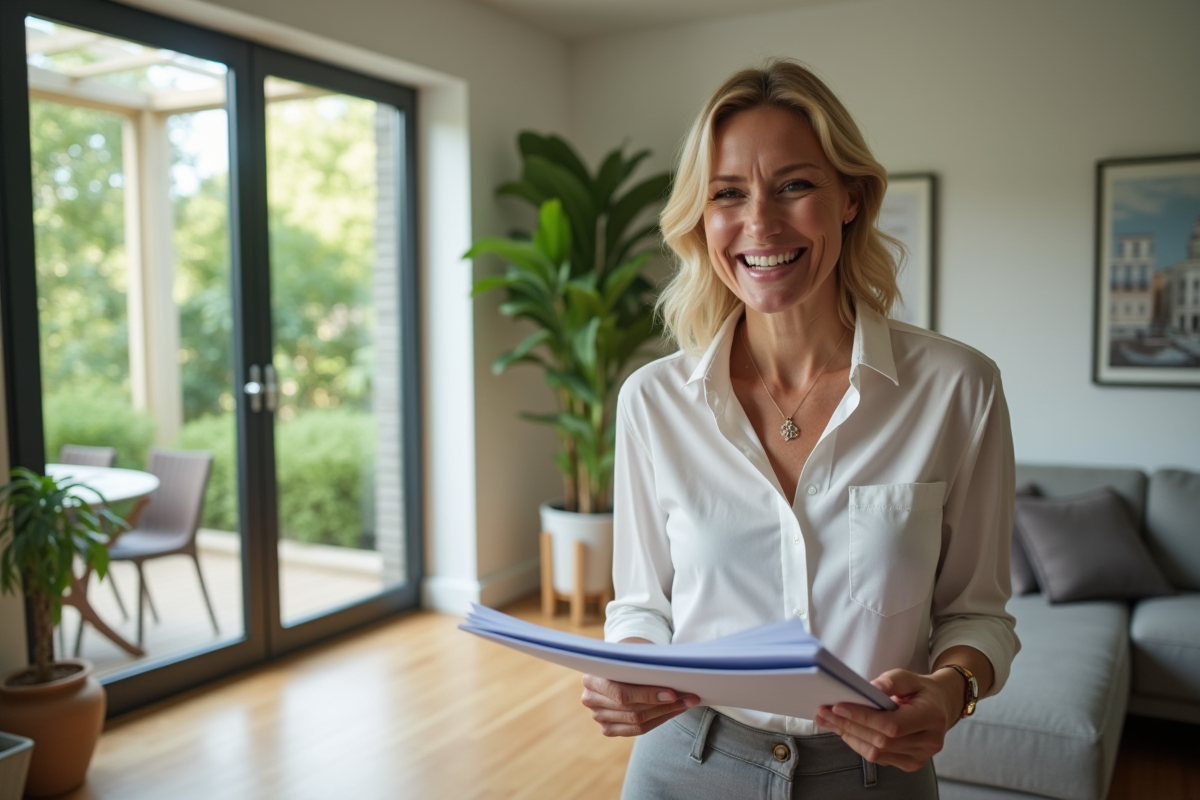 Femme d'âge moyen souriante avec documents dans un salon lumineux