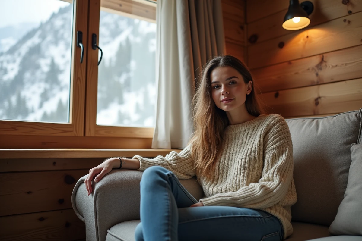 Jeune femme assise dans un appartement alpin cosy