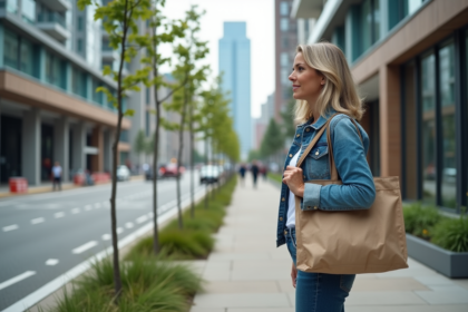 Femme urbaine examinant des arbres plantés en ville