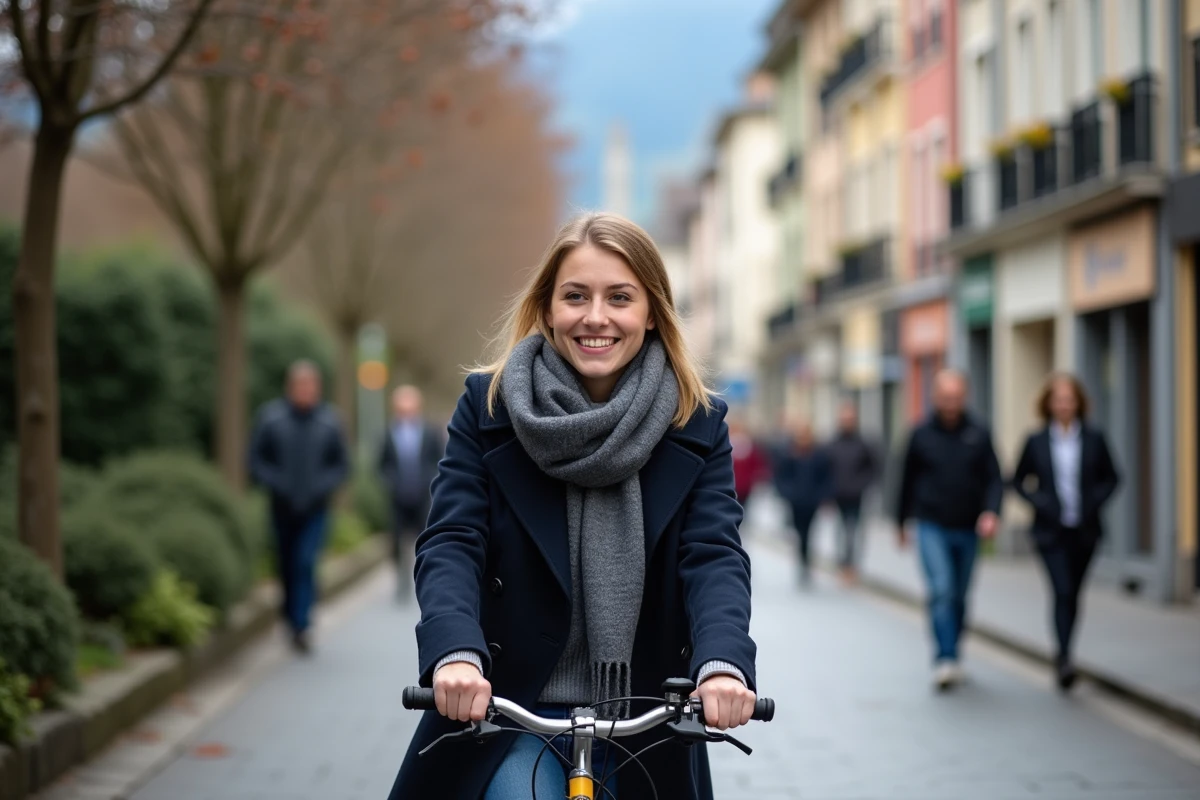 Jeune femme souriante avec vélo dans une rue de Chambéry