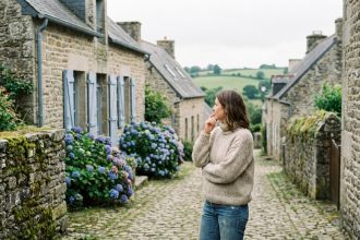 Femme dans un village breton avec cottage et hortensias