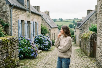 Femme dans un village breton avec cottage et hortensias