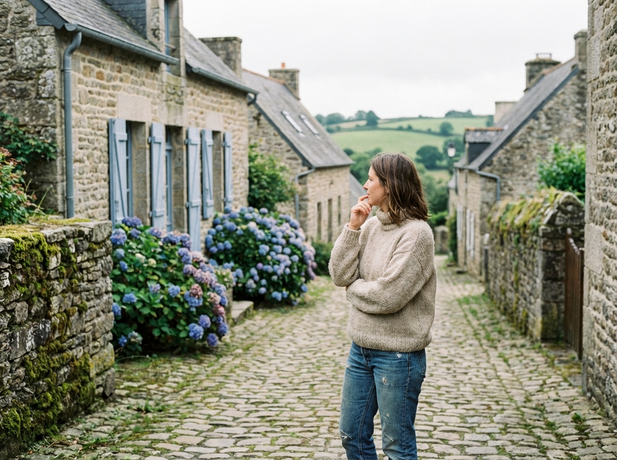 Femme dans un village breton avec cottage et hortensias