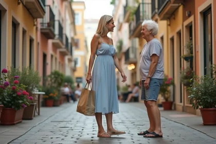 Femme en robe bleue discutant avec une voisine dans une impasse charmante