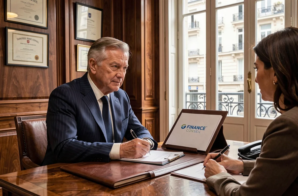 Conseiller Finance Conseil en rendez-vous avec des clients dans un bureau élégant de style parisien