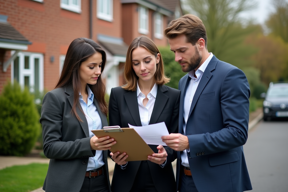 Trois frères et sœurs examinent un contrat immobilier devant une maison
