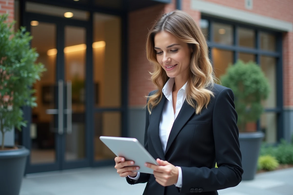Gestionnaire immobilière vérifiant des informations sur une tablette devant un immeuble