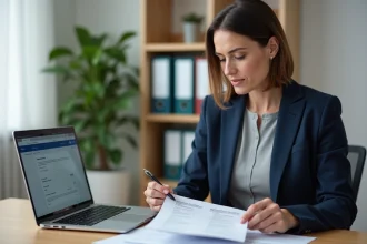 Femme consultant des documents PDF de gestion locative sur ordinateur portable depuis son bureau à domicile