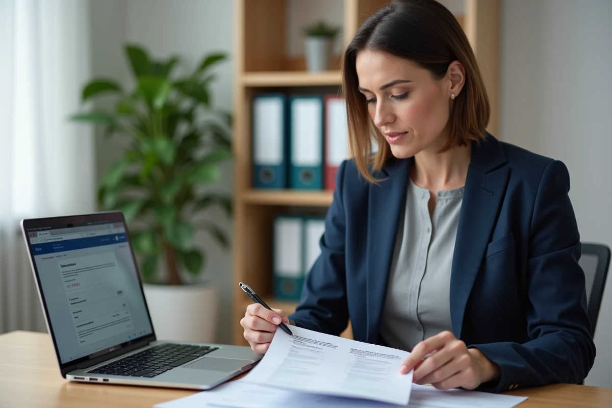 Femme consultant des documents PDF de gestion locative sur ordinateur portable depuis son bureau à domicile