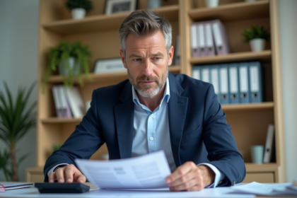 Homme d'affaires en costume bleu étudiant documents financiers