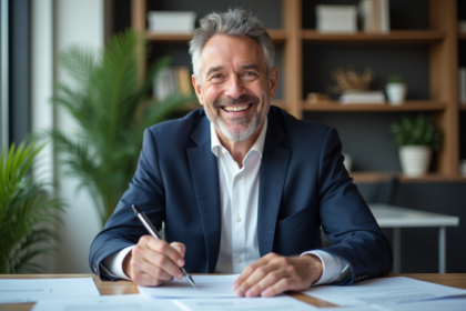 Homme d'affaires souriant dans un bureau moderne