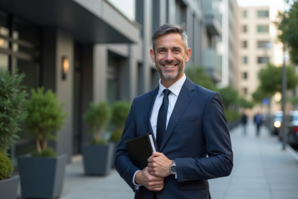 Homme d'affaires confiant en costume bleu devant immeuble moderne