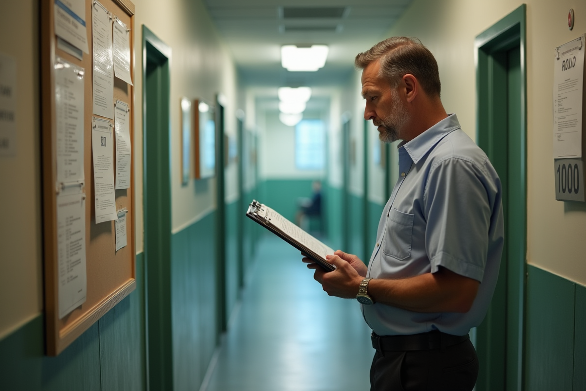 Homme regardant les annonces de loyer dans un couloir d