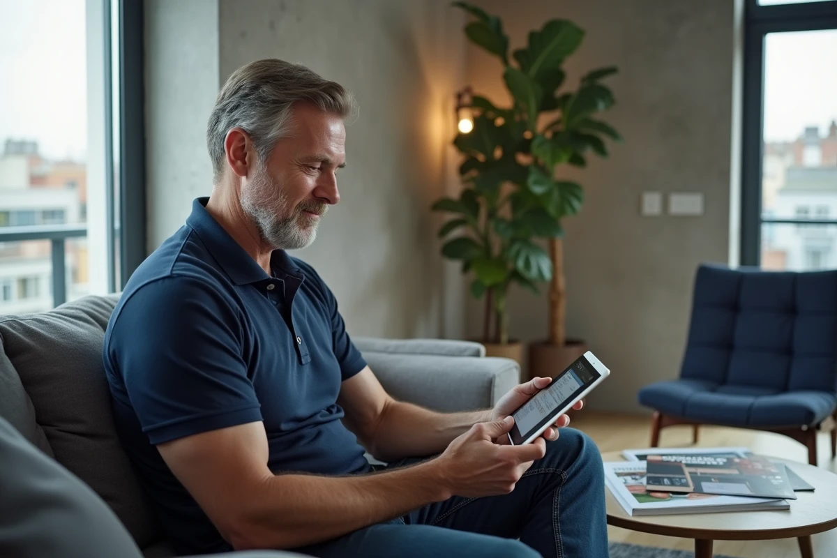 Homme consultant des annonces immobilières sur une tablette dans un appartement moderne