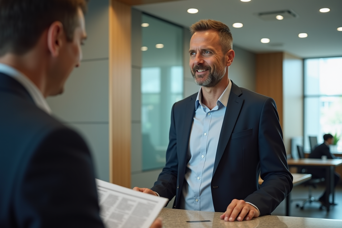 Homme d age en costume discute avec conseiller bancaire