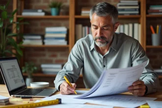 Homme consultant un manuel de rénovation immobilière à son bureau avec des fiches de budget travaux