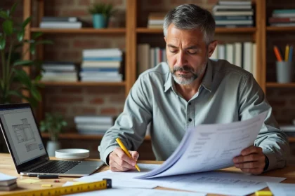 Homme consultant un manuel de rénovation immobilière à son bureau avec des fiches de budget travaux