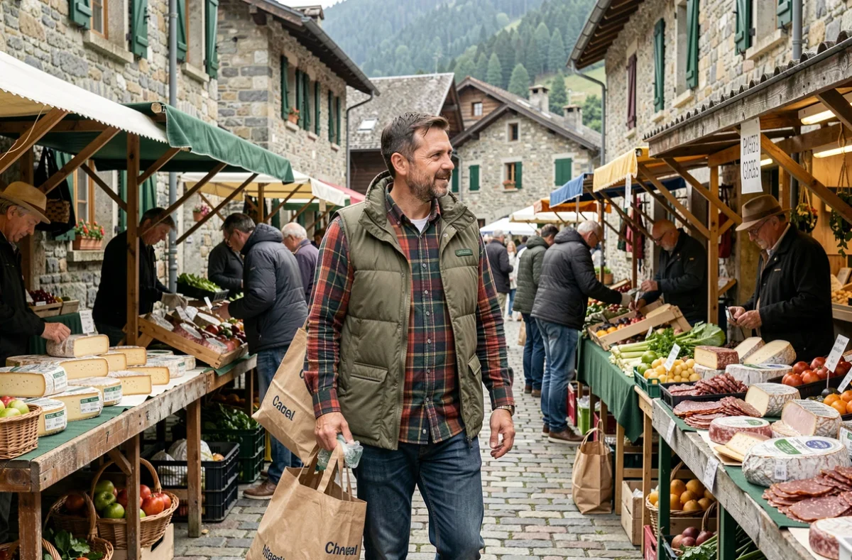 Homme nouvellement installé en Haute-Savoie découvrant le marché local d'un village de montagne