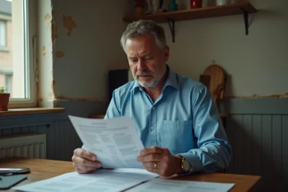 Homme d'âge moyen examine des papiers dans une cuisine modeste